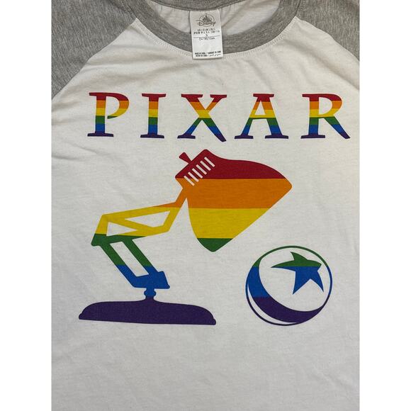 Pixar spell out & lamp ball pride LGBTQ Large casual Disney white rainbow shirt - Picture 2 of 5